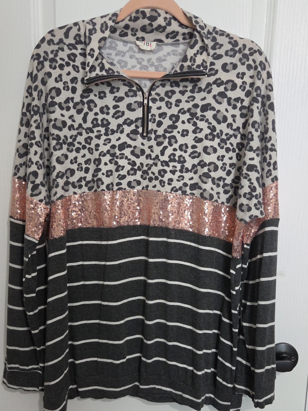 BiBi Gray Leopard Print, Rose Gold Sequin & Black Striped Half-Zip Shirt